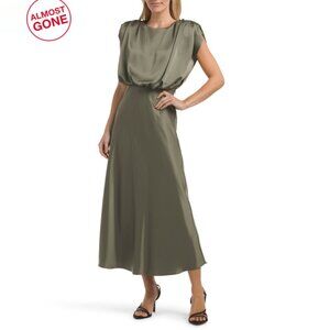 TOCCIN Olive Flora Sleeveless Silky Satin Maxi Dress